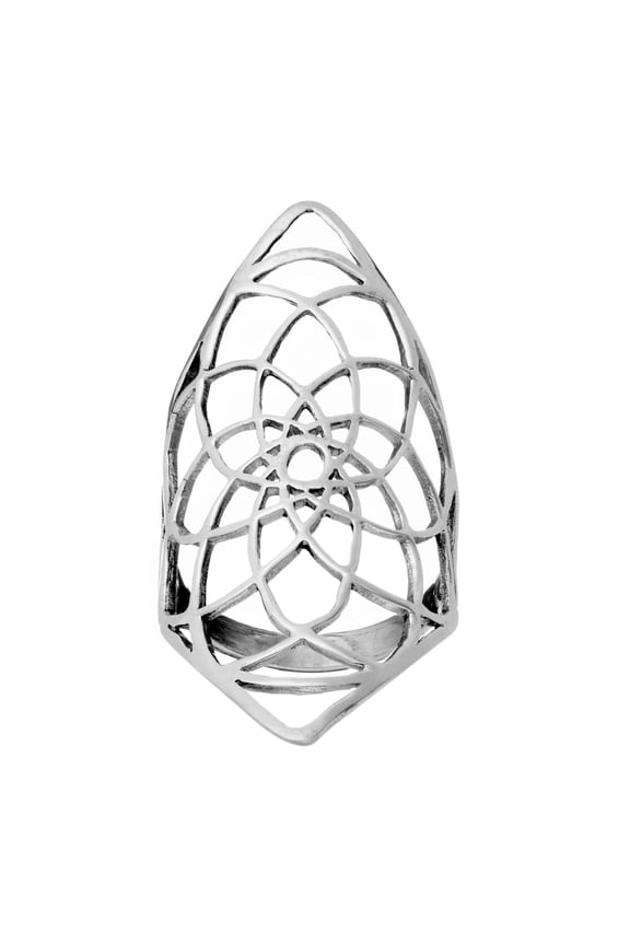 Women's 925 Sterling Silver Diamond Shaped Flower of Life Armour Long Ring