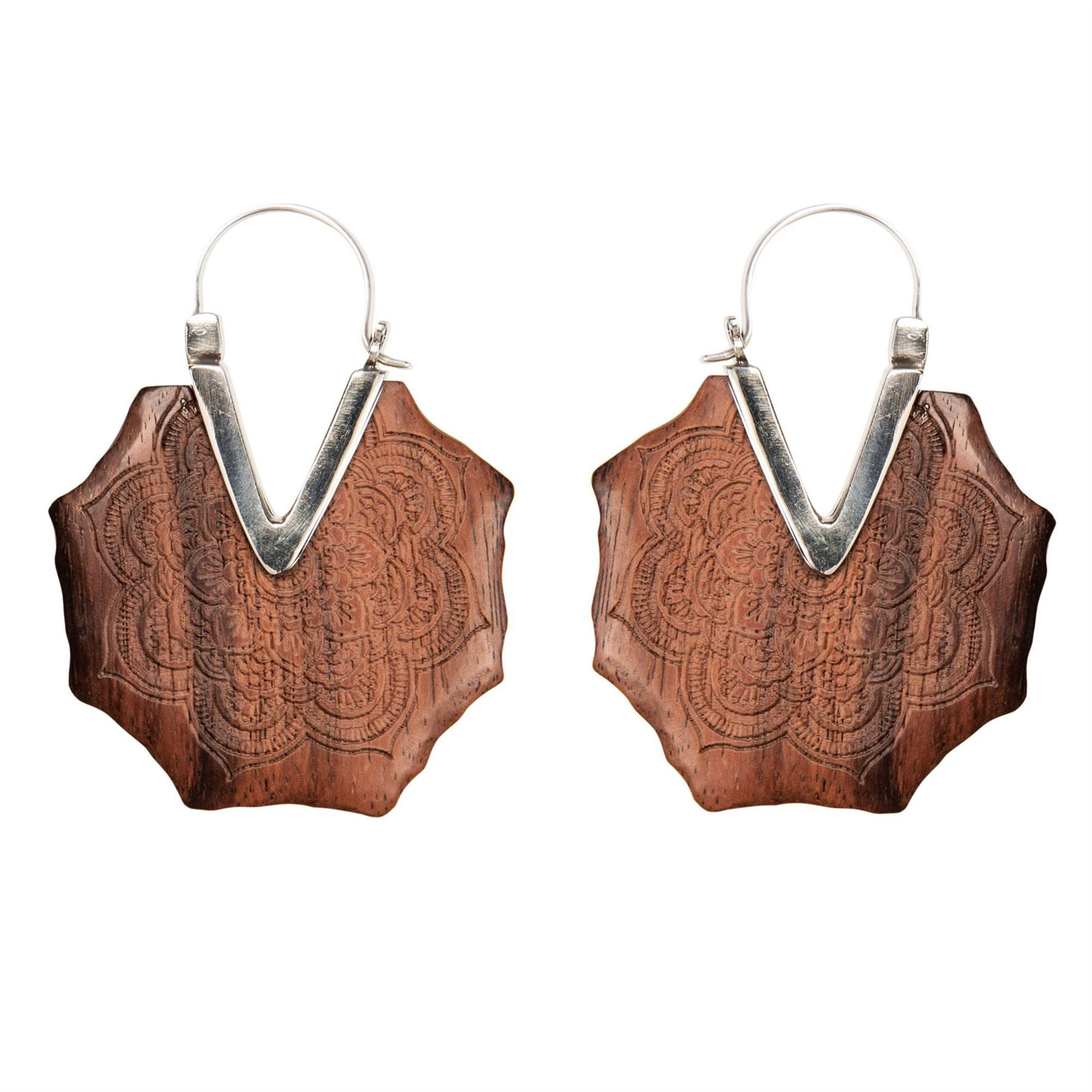 81STGENERATION Women's 925 Sterling Silver Wood Brown Mandala Flower Engraved Pattern Earrings