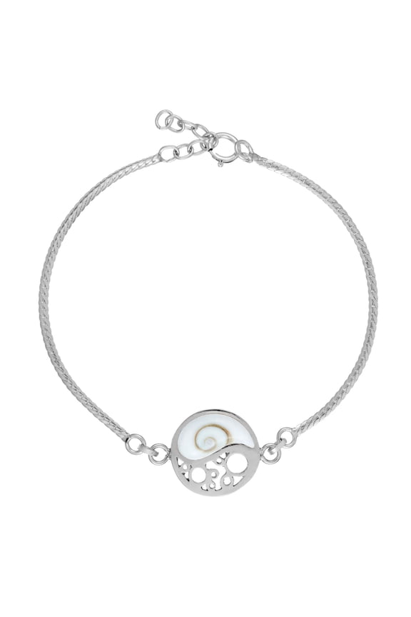 Women's 925 Sterling Silver Yin Yang Shiva Eye Shell Bracelet, 7 + 0.5" Extender