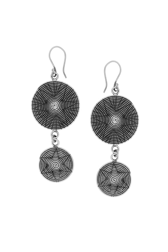 Women's 999 Fine Silver Karen Hill Tribe Round Double Swirl Long Dangle Earrings
