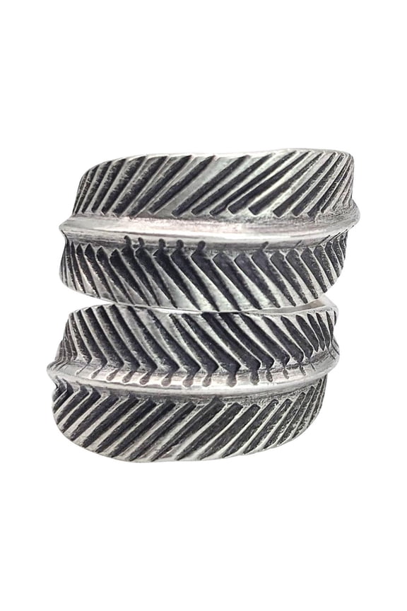 Women's 999 Fine Silver Karen Hill Tribe Wide Wrap Feather Leaf Adjustable Ring
