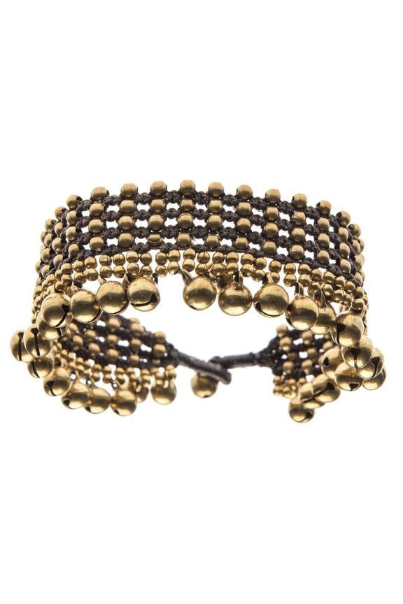 Women's Brass Gold Anklet with Bells 27 cm - Ethnic Jewellery - Wide Cord Beaded Ankle Bracelet - Indian Style Payal Anklets - Gypsy Festival Fashion - Feet Jewelry for Women