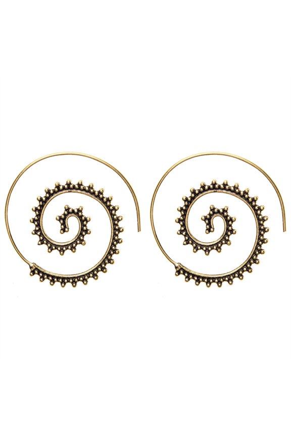 Women's Brass Gold Tone Indian Spiral Dotwork Ethnic Tribal Earrings