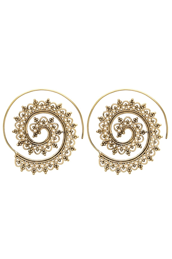 Women's Brass Gold Tone Indian Swirl Dotwork Spiral Ethnic Tribal Earrings