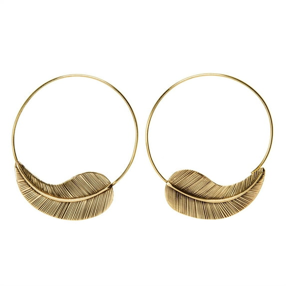 81stgeneration Women's Gold Tone Brass 50 mm Tribal Textured Leaf Feather Hoop Threader Earrings