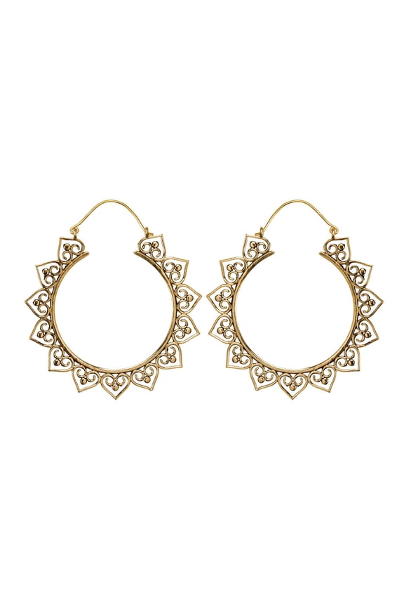 Women's Gold Tone Brass 60 mm Large Indian Filigree Tribal Mandala Hoop Earrings