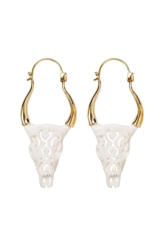 Women's Gold Tone Brass Bone Hand Carved Buffalo Skull Tribal Dangle Earrings