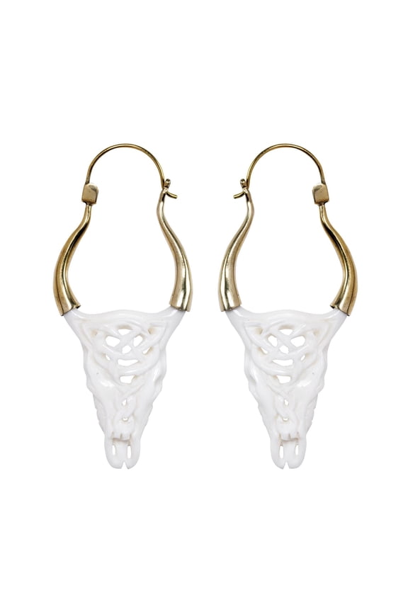 Women's .Gold Tone Brass Carved Bone Buffalo Skull Tribal Celtic Knot Earrings