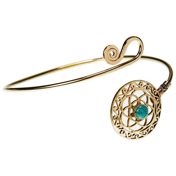 81stgeneration Women's Gold Tone Brass Flower of Life Simulated Turquoise Adjustable Upper Arm Cuff