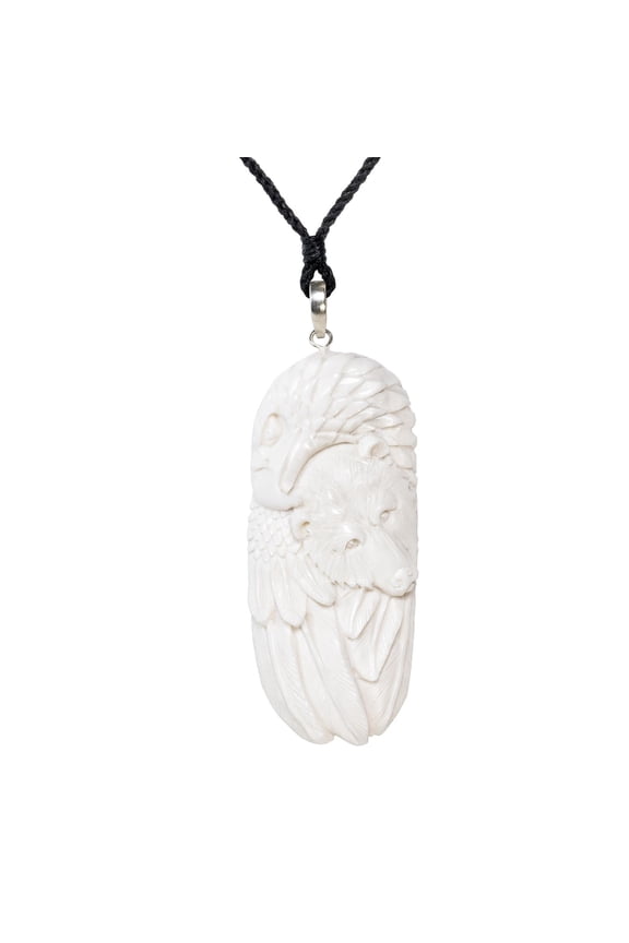 Women's Men's 925 Sterling Silver Hand Carved Bone Bear and Eagle Pendant Necklace