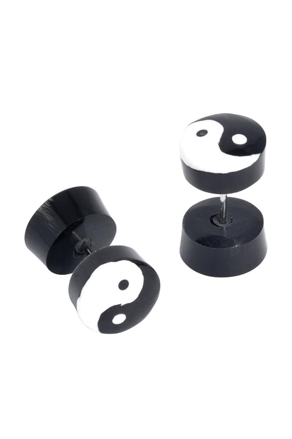 Women's Men's Black Horn 10mm 00 Gauge Ying Yang Fake Plug Stretcher Tribal Earrings