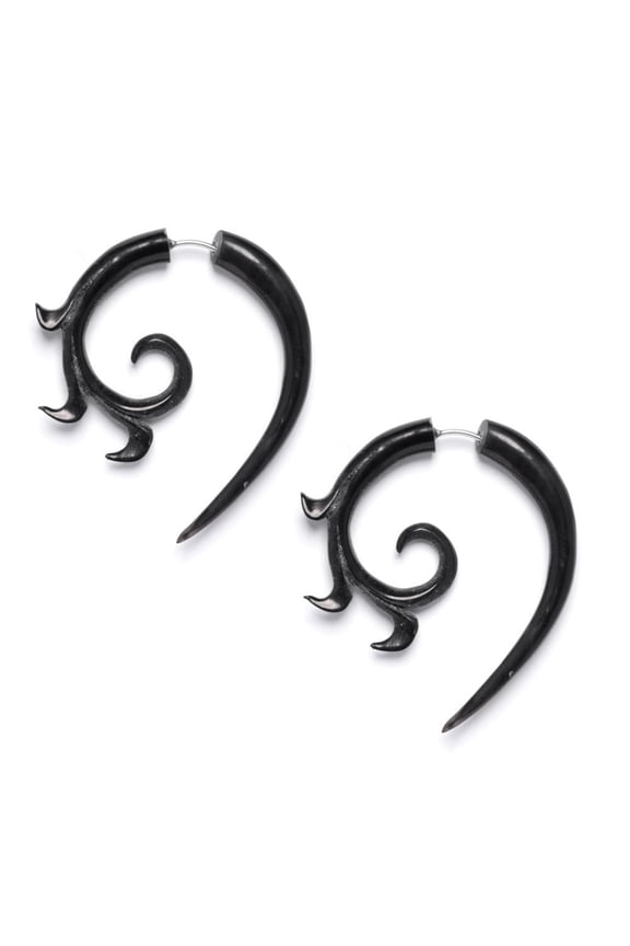 Women's Men's Black Horn Fake Taper Stretcher Spiral Tribal Earrings