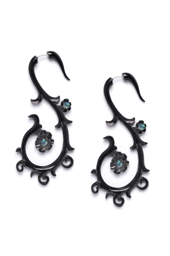 Women's Men's Black Horn Paua Shell Fake Taper Stretcher Tribal Earrings