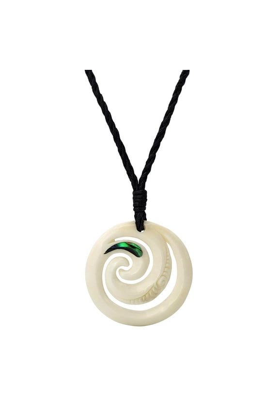 Women's Men's Hand Carved Bone Abalone Maori Engraved Double Koru Pendant Necklace