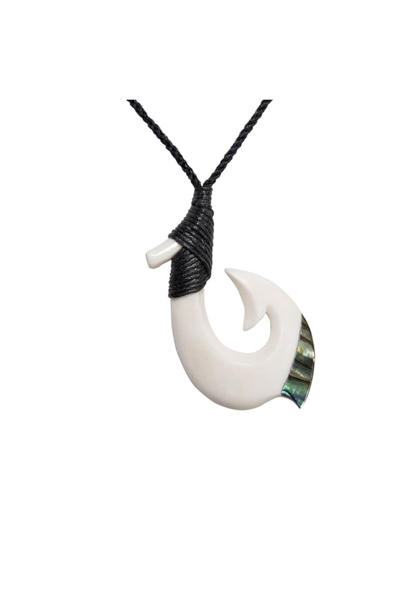 Women's Men's Hand Carved Bone Abalone Smooth Maori Hei Matau Pendant Necklace