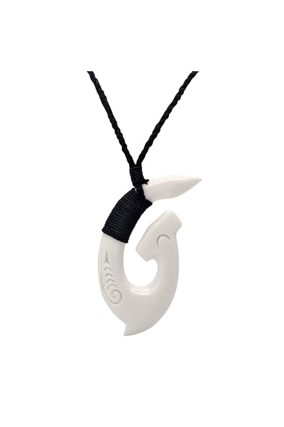 Women's Men's Hand Carved Bone Engraved Hei Matau Maori Hammer Shark Pendant Necklace