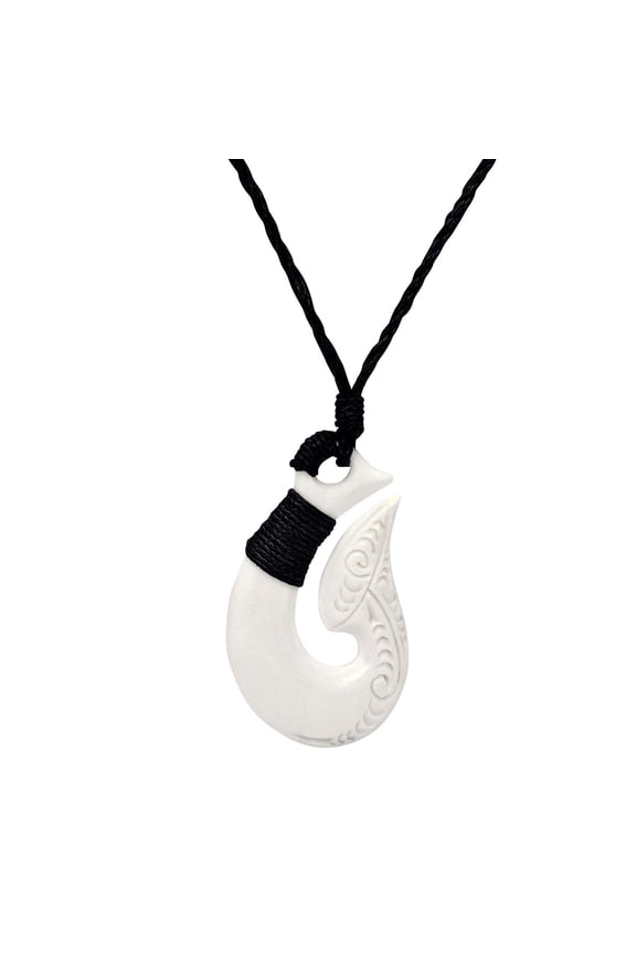 Women's Men's Hand Carved Bone Engraved Koru Hei Matau Maori Hook Pendant Necklace