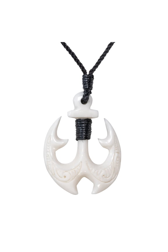 Women's Men's Hand Carved Bone Maori Anchor Hei Matau Fish Hook Pendant Necklace