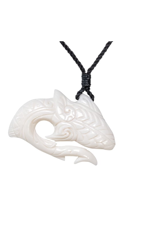 Women's Men's Hand Carved Bone Maori Hei Matau Fish Hook Pendant Necklace