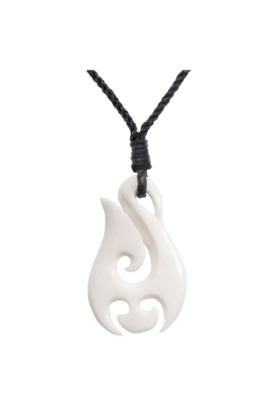 Women's Men's Hand Carved Bone Matau Hook Koru Spiral Whale Tail Pendant Necklace