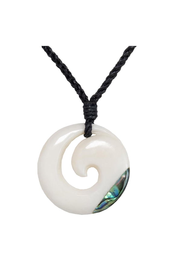 Women's Men's Hand Carved Bone Paua Abalone Tip Simple Maori Koru Pendant Necklace