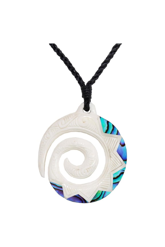 Women's Men's Hand Carved Bone Paua Maori Round Koru Engraved Pendant Necklace