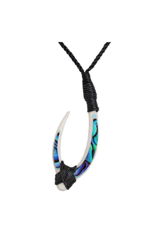 Women's Men's Hand Carved Bone Paua Shell Long Maori Hei Matau Hook Pendant Necklace