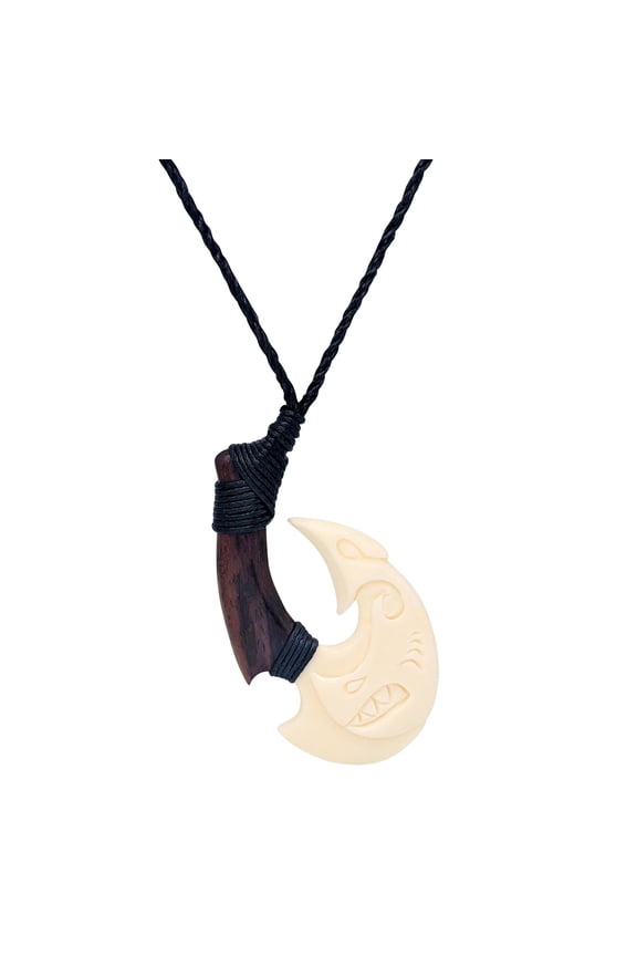 Women's Men's Hand Carved Bone Wood Engraved Shark Maori Hei Matau Pendant Necklace