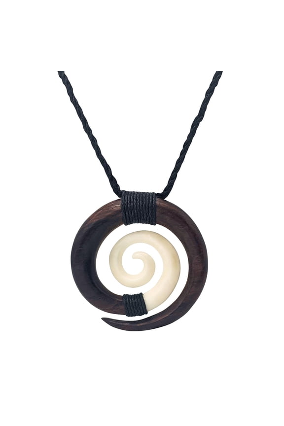 Women's Men's Hand Carved Bone Wood Large Round Spiral Tribal Cord Pendant Necklace