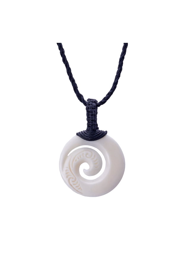Women's Men's Handcarved Bone Maori Koru Spiral Round Charm Pendant Necklace