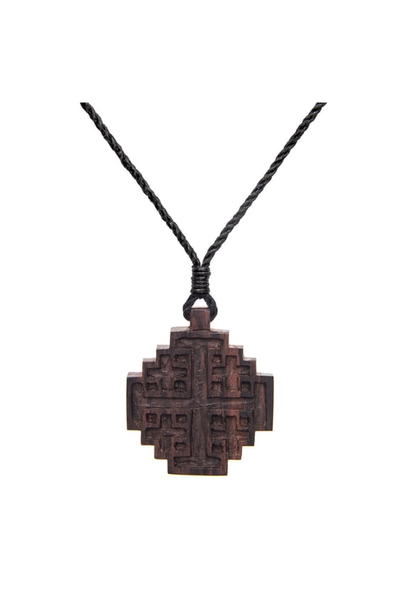 Women's Men's Wood Jerusalem Crusader Cross Religious Charm Pendant Necklace