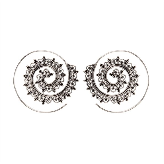 81stgeneration Women's Silver Tone Brass 50 mm Intricate Tribal Ethnic Spiral Threader Earrings
