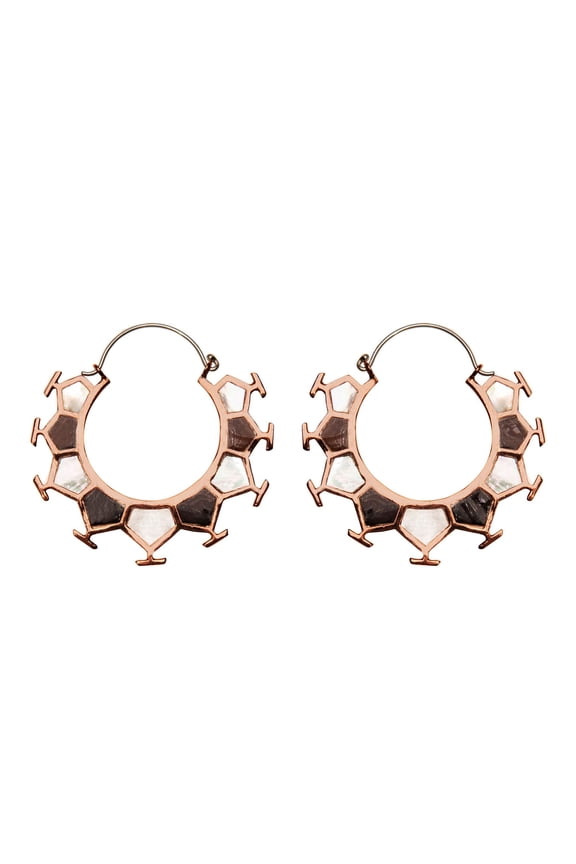 Women's Silver Tone Brass Copper Honeycomb Pentagon Mother of Pearl Hoop Earrings