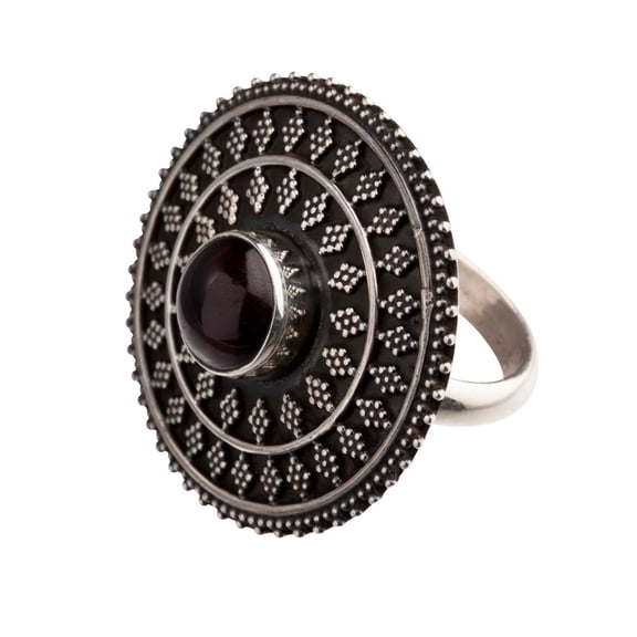 81stgeneration Women's Sterling Silver Oxidized Garnet Round Tribal Disc Ring