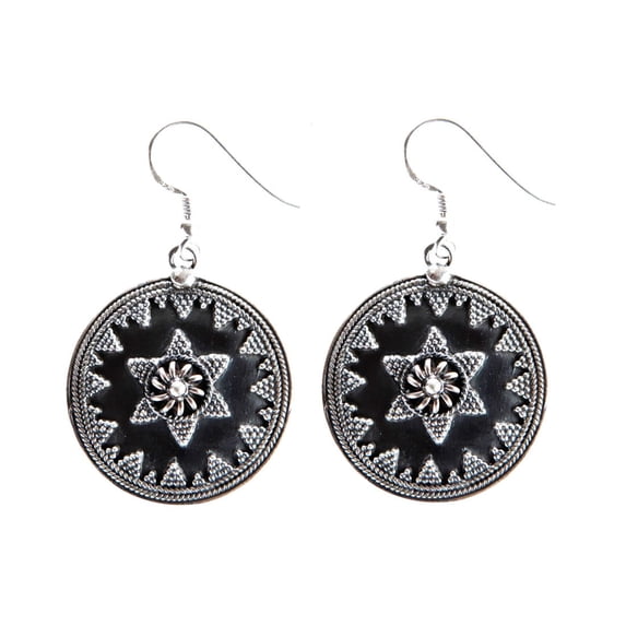 81stgeneration Women's Sterling Silver Oxidized Round Disc Tribal Hoop Earrings