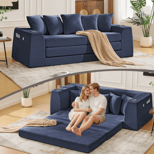 82" 2-In-1 Convertible Loveseat Sleeper Sofa Bed, Pull-Out Loveseat with Cup Holders, Convertible Sofa Bed Couch with Side Pockets for Living Room Study RV, Blue