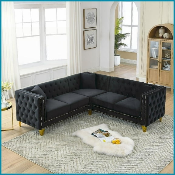 82.2-Inch Velvet Chesterfield L-Shaped Sectional Sofa, 5-Seater with Nailhead Trim for Living Room Bedroom