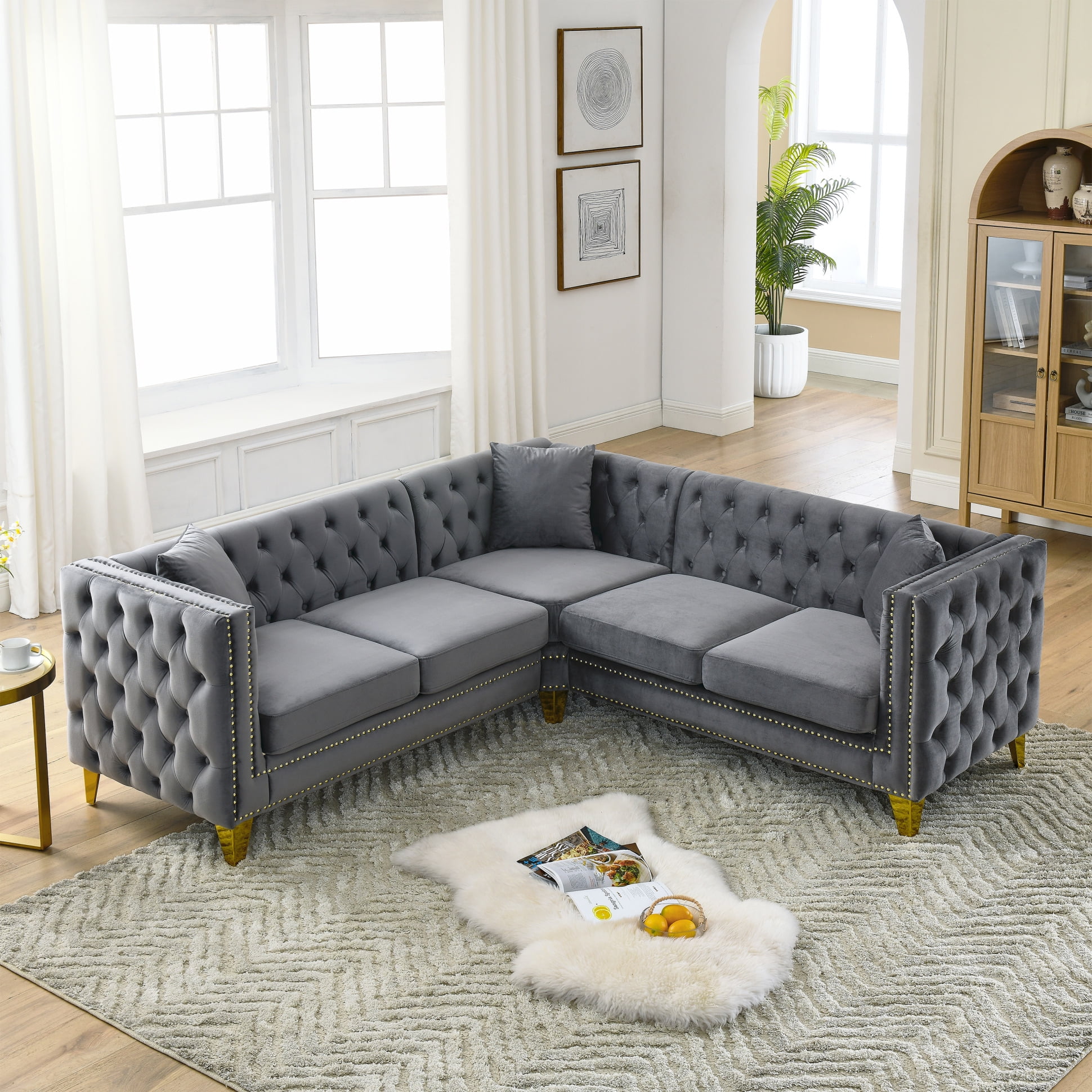 82.2-Inch Velvet L-Shaped Sectional Couch with Nailhead Trim, Modern ...