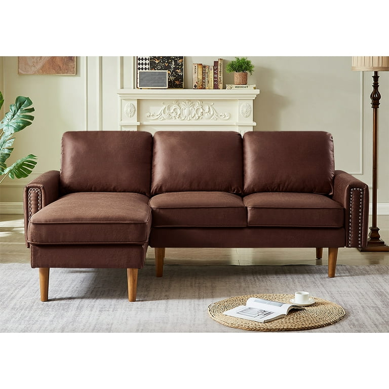 L-Shape Sofa Couch with Chaise, Mid-Century Suede Fabric