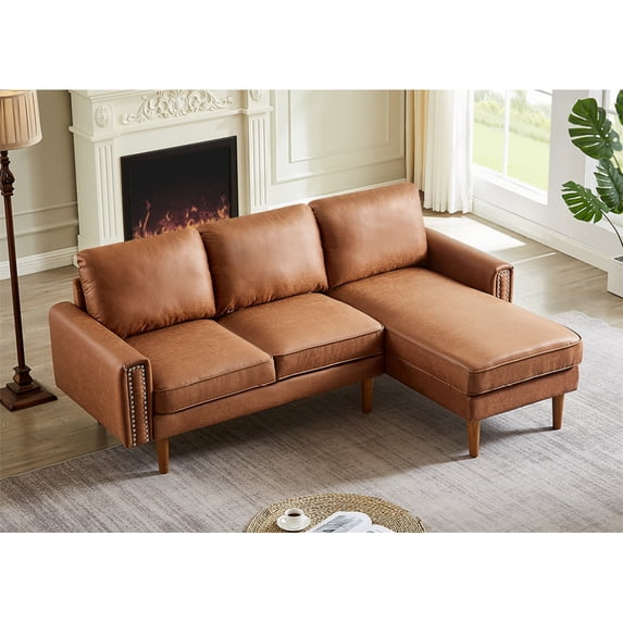 82.2" L-Shape Sofa Couch with Chaise, Modern Wood Leg Suede Fabric Upholstered Sofa with Rivet Finish and Cushions