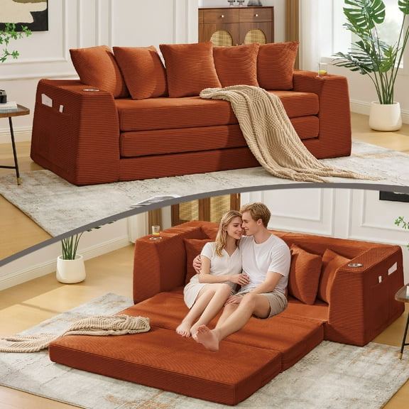 82.25" Convertible Sofa Bed with Side Pocket and 2 Cup Holders, 2 in 1 Loveseat Sleeper Couch with 5 Pillows, Wide Armrest Corduroy Pull Out Sofa Bed for Living Room, Apartment, Bedroom, Orange
