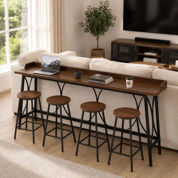82.3" Bar Table, Counter Height Table with Back Rail, Brown | Industrial bar height table with metal footrest for bistro, dining room, living room & kitchen, freestanding