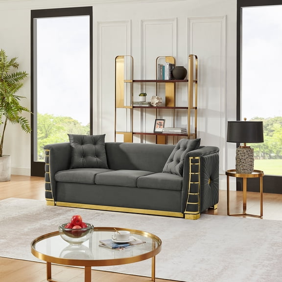 82.3" Luxury Italian Velvet 3-Seater Sofa, 2 Throw Pillows, Thick Seat Cushion, Wide Armrests & Elegant Gold Metal Accents, Modern Sofa for Living Room, Bedroom and Home, Gray