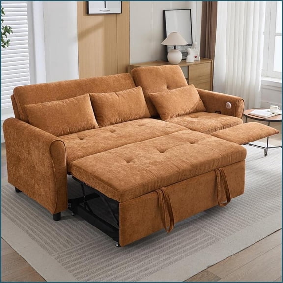 82'' 3-Seat 2-in-1 Sofa Bed & Reversible Recliner – Soft Chenille Living Room Sofa, Orange | Orange | Chenille | Cushion Back