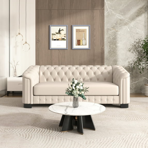 82.4" Mid Century Modern Sofa with Rubber Wood Legs,Velvet Upholstered Sofa Couch,Sofa with Thick Removable Seat Cushion, 3 Seater Sofa Couch for Living Room,Beige