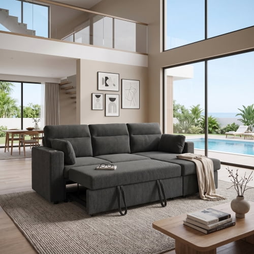 82.5" Convertible L-Shaped Pull-Out Sectional Sofa Bed with Storage Chaise, Cup Holders, and 2 Pillows, Modern Foil Fabric Sleeper Sofa for Living Room, Apartment, Dark Gray