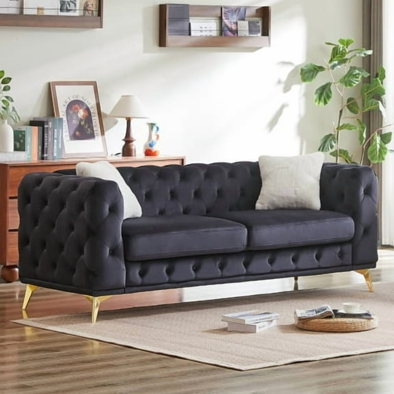 82.5-Inch Velvet Chesterfield Sofa, Modern 3-Seater Couch with Tufted Buttons, Metal Legs, 2 Pillows, High-Density Foam, Black Upholstery for Living Room, Bedroom, Office