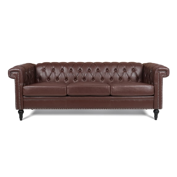 82.5 Inch Width Traditional Square Arm removable cushion 3 seater Sofa Dark Brown