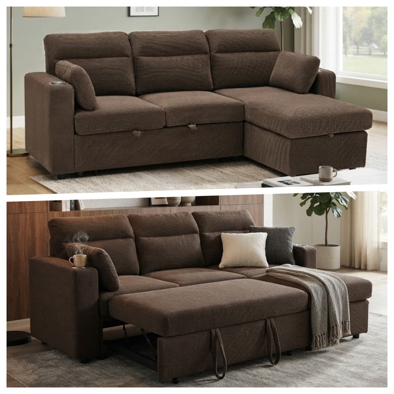 82.5" L-Shaped Convertible Sleeper Sofa, Pull-Out Sectional Sofa Bed with Storage Chaise, Cup Holders & 2 Lumbar Pillows, Modern Sofa Couch for Living Room, Apartment
