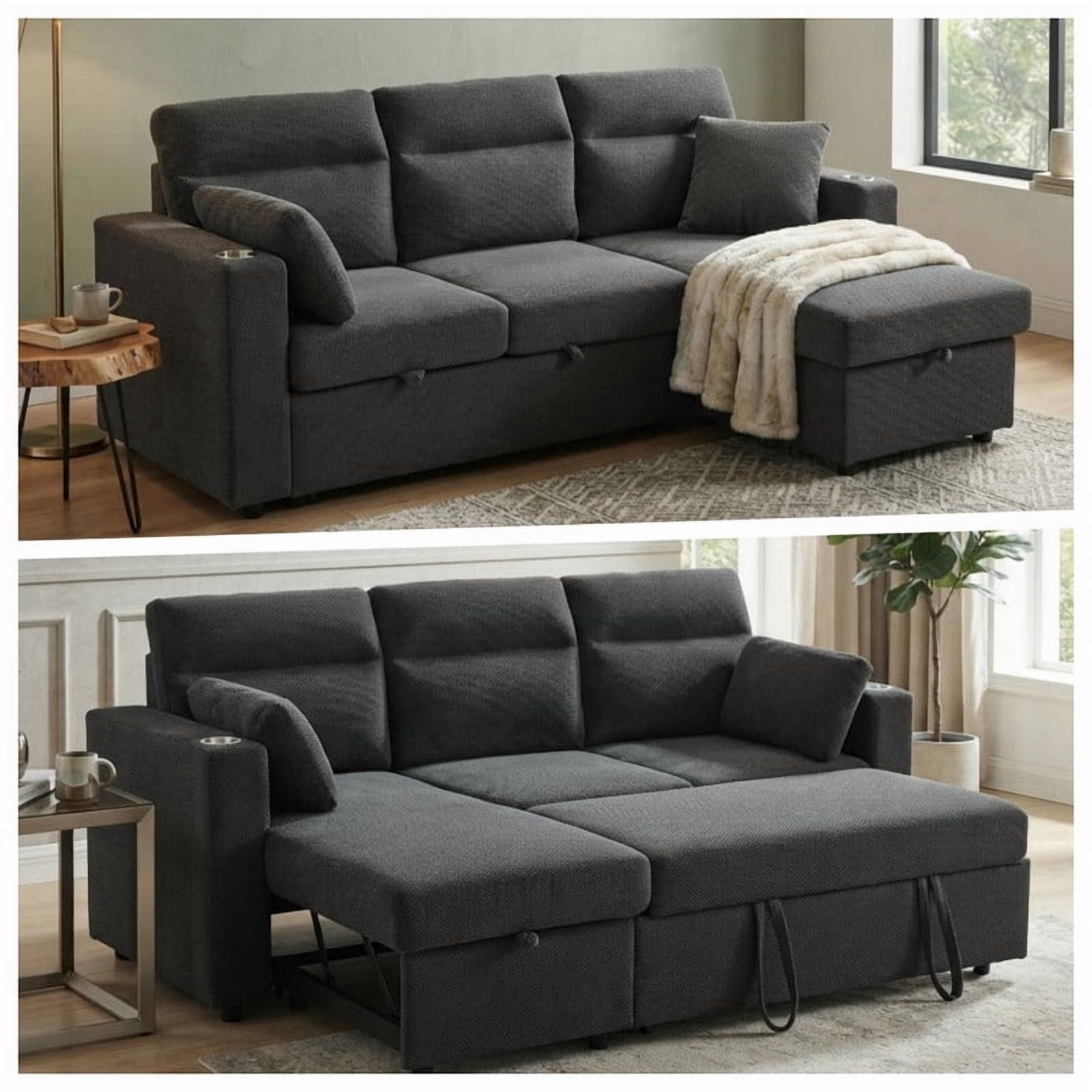 82.5" L-Shaped Convertible Sleeper Sofa, Pull-Out Sectional Sofa Bed with Storage Chaise, Cup Holders & 2 Lumbar Pillows, Modern Sofa Couch for Living Room, Apartment